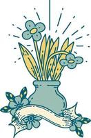 Banner mit Blumen im Tattoo-Stil in Vase vektor