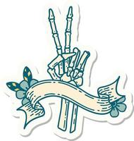 Tätowierungsaufkleber mit Banner einer Skeletthand, die ein Friedenszeichen gibt vektor