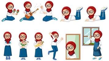 muslimsk tjej som gör många aktiviteter på vit bakgrund vektor