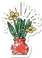 Grunge-Aufkleber von Blumen im Tattoo-Stil in Vase vektor