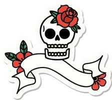 Tattoo-Aufkleber mit Banner eines Schädels und einer Rose vektor