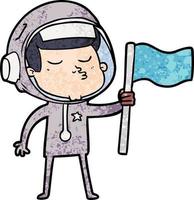 karikatur selbstbewusster astronaut, der flagge schwenkt vektor