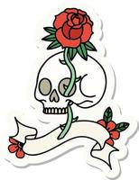 Tattoo-Aufkleber mit Banner eines Schädels und einer Rose vektor
