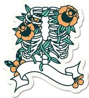 tatuering klistermärke med baner av en revben bur och blommor vektor