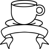 Schwarzes Linientattoo mit Banner einer Tasse Kaffee vektor