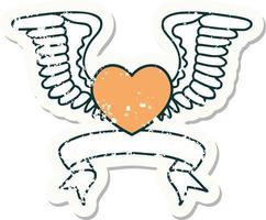 grunge klistermärke med baner av en hjärta med vingar vektor
