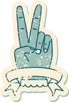 Frieden Handgeste mit zwei Fingern mit Banner-Grunge-Aufkleber vektor