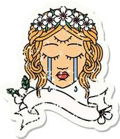 bärs gammal klistermärke med baner av kvinna ansikte med tredje öga och krona av blommor cyring vektor