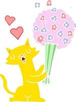platt Färg stil tecknad serie katt i kärlek med blommor vektor