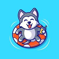 niedlicher husky-hund, der mit schwimmenden reifen schwimmt, karikatur-vektor-symbol-illustration. tierurlaub symbol konzept isoliert premium vektor. flacher Cartoon-Stil vektor