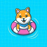 niedlicher shiba inu hund, der mit schwimmenden reifen schwimmt, karikaturvektorsymbolillustration. tierurlaub symbol konzept isoliert premium vektor. flacher Cartoon-Stil vektor