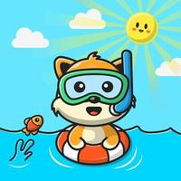 süße katze schnorchelt mit schwimmenden reifen cartoon vektor symbol illustration. tierurlaub symbol konzept isoliert premium vektor. flacher Cartoon-Stil