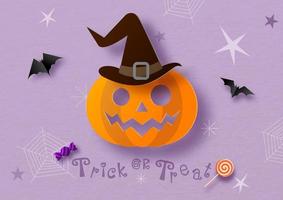 Jack'o-Laterne trägt einen Hexenhut mit Fledermäusen, die im Papierschnitt-Stil auf lila Papiermusterhintergrund fliegen. halloween-grußkarte im papierschnittstil und vektordesign. vektor