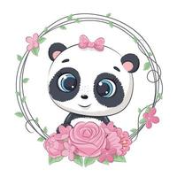 söt sommar baby panda med blomma krans. vektor