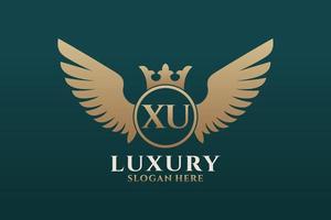 luxus königlicher flügelbuchstabe xu wappengoldfarbe logovektor, siegeslogo, wappenlogo, flügellogo, vektorlogovorlage. vektor