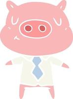 Cartoon-Inhaltsschwein im flachen Farbstil in Hemd und Krawatte vektor