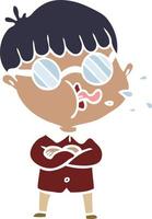 platt färg stil tecknad pojke bär glasögon vektor