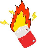 platt Färg illustration av en tecknad serie flammande batteri vektor