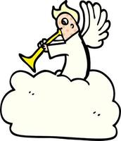 Cartoon-Doodle-Engel auf Wolke mit Trompete vektor
