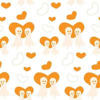 Muster für Halloween mit zwei verliebten Gespenstern und Herzformen in trendigen Orangetönen. isolieren vektor