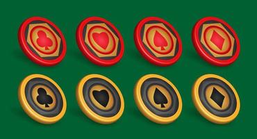 Gold- und Rot-Poker-Chip-Set, mit Symbolen Diamanten, Stöcke, Herzen, Pik, Spieldesign-Elemente, 3D-Chip-Vektorillustration für Casino vektor