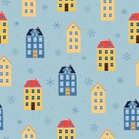 Nahtloses Muster mit Winterhäusern und Schneeflocken auf blauem Hintergrund. vorlage für winterweihnachtsdesign vektor