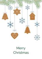 jul hälsning kort med hängande pepparkaka småkakor och snöflingor. mall för hälsning kort, inbjudan, affisch, baner, flygblad. vektor