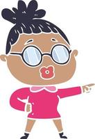 platt Färg stil tecknad serie pekande kvinna bär glasögon vektor
