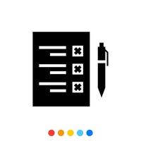 glyf ikon av undersökning dokumentera eller checklista med penna symbol, vektor och illustration.