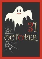 halloween vykort med en spöke och spindelväv på en mörk bakgrund. vektor illustration