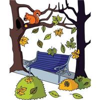 Eichhörnchen auf Ast und eine Bank zwischen zwei Bäumen männliche Blätter Herbst Herbstsaison Malvorlagen vektor