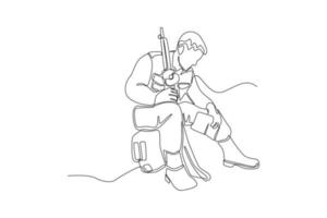 kontinuerlig ett linje teckning. soldat med vapen Sammanträde och vilar. minne dag begrepp. enda linje dra design vektor grafisk illustration.
