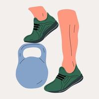 Das Bein einer Frau steht auf einer Kettlebell. Konzept der Sportrevolution. bunte Illustration des Vektors im flachen Design. vektor