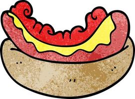 Cartoon-Doodle-Hotdog in einem Brötchen vektor