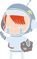 platt Färg stil tecknad serie gråt astronaut flicka bärande sten prov vektor