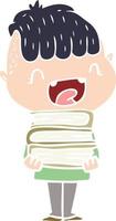 platt Färg stil tecknad serie Lycklig pojke med ny böcker vektor
