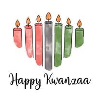 kwanzaa afroamerikanisches erbe feiertagsgrußkarte mit künstlerischem aquarell strukturiertem vektor grün, rot, schwarz brennende kerzen umrissen.