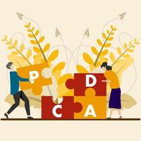 pdca cykel begrepp. klara av arbete bearbeta för bättre förbättring, planen, do, kolla upp och spela teater begrepp, medarbetare hjälp lösa pussel med pdca alfabet. vektor