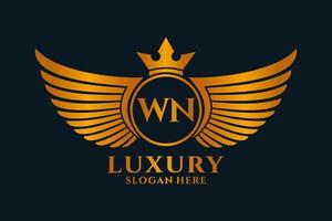 luxus königlicher flügelbuchstabe wn wappengoldfarbe logovektor, siegeslogo, wappenlogo, flügellogo, vektorlogovorlage. vektor