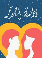 Illustration süßes verliebtes Paar küsst sich auf Herzhintergrund mit Lets Kiss-Schriftzug, Broschüre, Poster zum Valentinstag, 14. Februar vektor