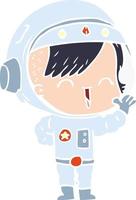 flache farbe karikatur glückliches astronautenmädchen winken vektor