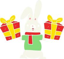 platt Färg stil tecknad serie kanin med jul presenterar vektor