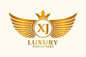 luxus königlicher flügelbuchstabe xj wappengoldfarbe logovektor, siegeslogo, wappenlogo, flügellogo, vektorlogovorlage. vektor