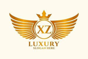 luxus königlicher flügelbuchstabe xz wappengoldfarbe logovektor, siegeslogo, wappenlogo, flügellogo, vektorlogovorlage. vektor