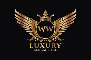 luxus königlicher flügelbuchstabe ww wappengoldfarbe logovektor, siegeslogo, wappenlogo, flügellogo, vektorlogovorlage. vektor