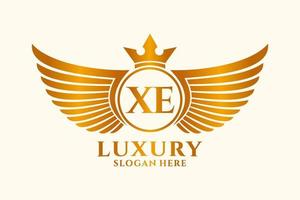 luxus königlicher flügelbuchstabe xe wappengoldfarbe logovektor, siegeslogo, wappenlogo, flügellogo, vektorlogovorlage. vektor