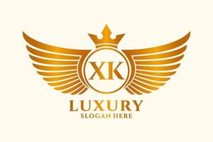 luxus königlicher flügelbuchstabe xk wappengoldfarbe logovektor, siegeslogo, wappenlogo, flügellogo, vektorlogovorlage. vektor