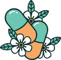 Tattoo-Stil-Ikone von Pillen und Blumen vektor