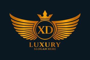 lyx kunglig vinge brev xd vapen guld Färg logotyp vektor, seger logotyp, vapen logotyp, vinge logotyp, vektor logotyp mall.