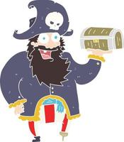 platt Färg illustration av en tecknad serie pirat kapten med skatt bröst vektor